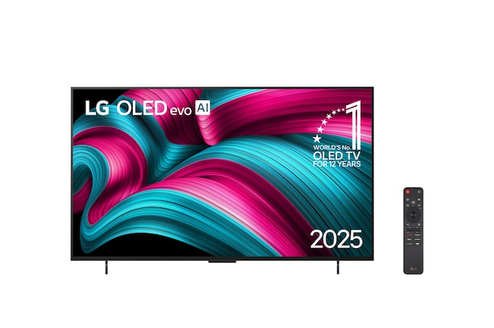 Vista frontal da Smart TV 4K LG OLED evo AI C5. O emblema “12 anos como a OLED número 1 do mundo” e o logotipo da LG OLED evo AI 2025 aparecem na tela.