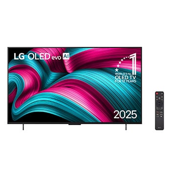 Vista frontal da Smart TV 4K LG OLED evo AI C5. O emblema “12 anos como a OLED número 1 do mundo” e o logotipo da LG OLED evo AI 2025 aparecem na tela.