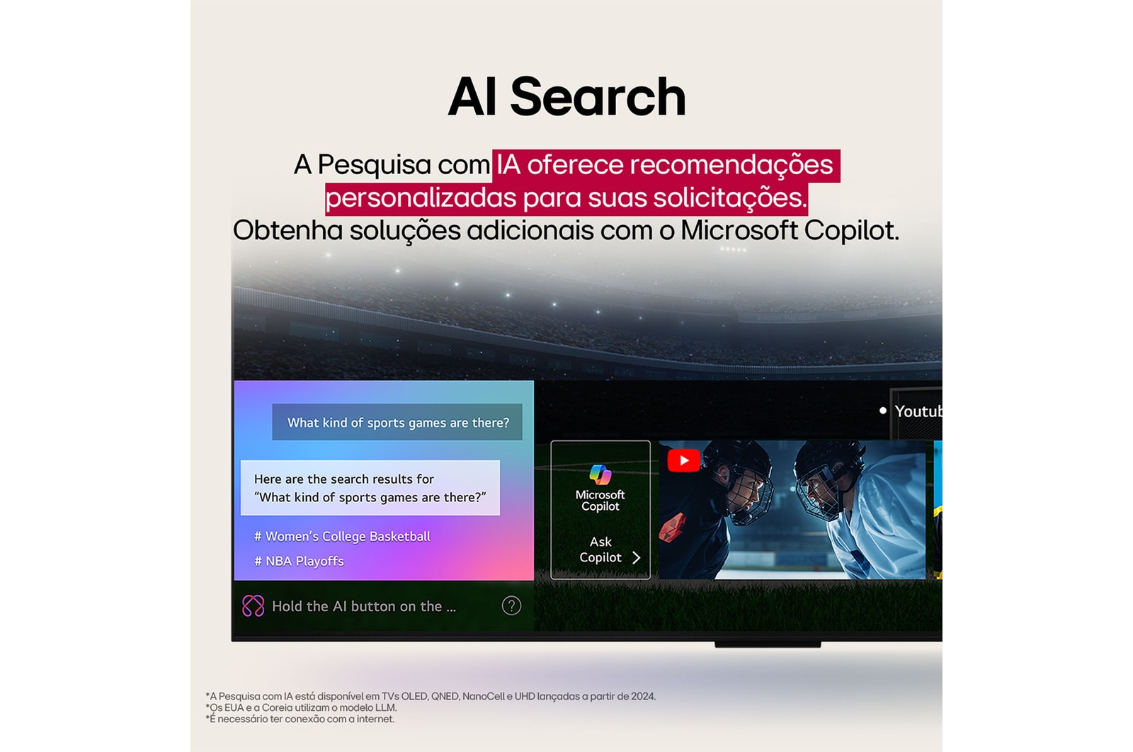 Conteúdo de ficção científica sendo reproduzido na tela de uma LG TV. Na tela aparece a interface do AI Chatbot. O usuário enviou uma mensagem ao chatbot dizendo que a tela está muito escura. O chatbot ofereceu soluções para a solicitação. A cena inteira está dividida em duas partes. Um lado é mais escuro, o outro lado é mais claro, mostrando como o AI Chatbot resolveu o problema para o usuário automaticamente. O texto explica que o Al Chatbot pode entender a intenção do usuário e fornecer soluções para resolver problemas.