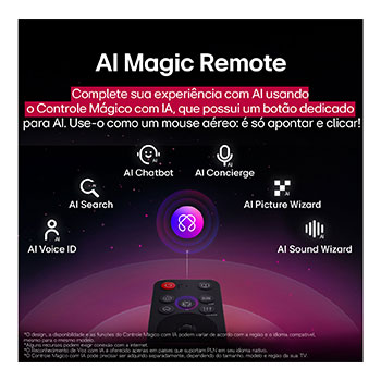 Um close da tela da LG OLED TV mostrando como o AI Search funciona. Uma pequena janela de bate-papo está aberta, mostrando como o usuário perguntou quais partidas esportivas estão disponíveis. O AI Search responde por bate-papo, mostrando miniaturas dos conteúdos disponíveis. Há também um prompt para perguntar ao Microsoft Copilot.