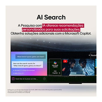 Um LG AI Magic Remote em frente à tela de uma LG TV. Uma saudação personalizada da LG AI é exibida na tela, com palavras-chave personalizadas baseadas na pesquisas do usuário e no histórico de visualização. Junto ao controle remoto há um ícone e um rótulo mostrando que a funcionalidade AI Concierge é facilmente acessível com um breve toque no botão AI.