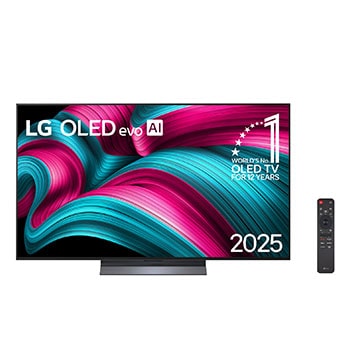 Vista frontal da Smart TV 4K LG OLED evo AI C5. O emblema “12 anos como a OLED número 1 do mundo” e o logotipo da LG OLED evo AI 2025 aparecem na tela.