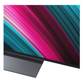 Vista frontal e lateral da Smart TV 4K LG OLED evo AI C5, mostrando suas dimensões de comprimento, largura, altura e profundidade.