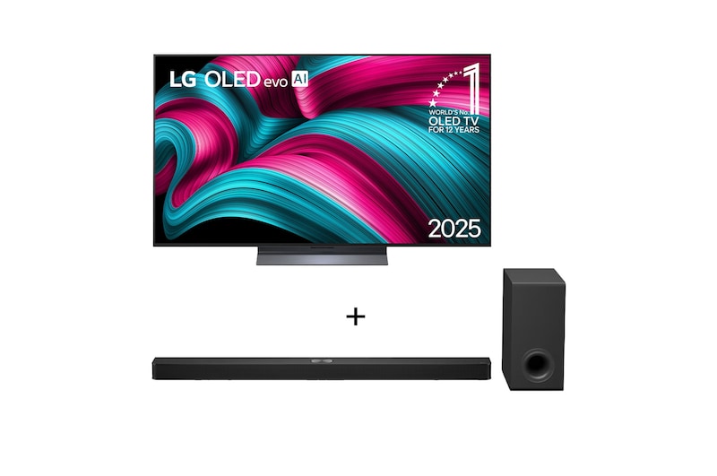 Vista frontal de Combo Smart TV LG OLED evo AI C5 4K de 83 polegadas 2025 + Soundbar LG S90TY – 570W RMS, Dolby Atmos, 5.1.3 Canais, OLED83C5.S90TY