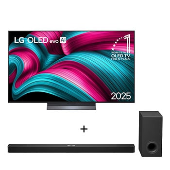 Vista frontal de Combo Smart TV LG OLED evo AI C5 4K de 83 polegadas 2025 + Soundbar LG S90TY – 570W RMS, Dolby Atmos, 5.1.3 Canais, OLED83C5.S90TY