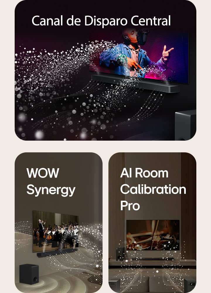 LG Soundbar y LG TV en una habitación negra interpretando una actuación musical. Gotas blancas que representan ondas sonoras se disparan hacia arriba y hacia adelante desde la barra de sonido, mientras el subwoofer crea un efecto de sonido desde abajo. LG Soundbar y LG TV en una sala de estar tocando una actuación de orquesta. Ondas blancas de gotas que representan ondas sonoras se disparan hacia arriba y hacia adelante desde la barra de sonido y se proyectan desde el televisor, mientras el subwoofer crea un efecto de sonido desde abajo. La barra de sonido LG, el televisor LG, los parlantes traseros y un subwoofer se encuentran en una sala de estar. Aparece una cuadrícula superpuesta sobre la habitación, como un escaneo del espacio. Ondas sonoras blancas formadas por gotas salen desde la perspectiva frontal de los altavoces traseros.