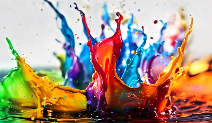 Respingos de tinta irrompem do chão em diversas cores.