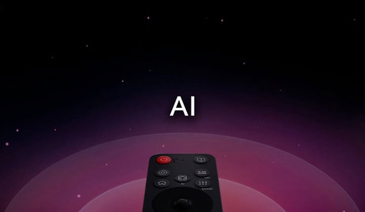 LG AI Magic Remote em um fundo abstrato. O botão AI está destacado. Há uma representação gráfica da interface do usuário com ícones de como o botão AI permite que os usuários acessem diferentes funcionalidades de IA. Os serviços incluem AI Voice ID, AI Search, AI Chatbot, AI Concierge, AI Picture Wizard e AI Sound Wizard. A funcionalidade semelhante a um mouse é então apresentada quando o cursor aparece sobre uma interface, mostrando como o controle remoto oferece controles simplificados.