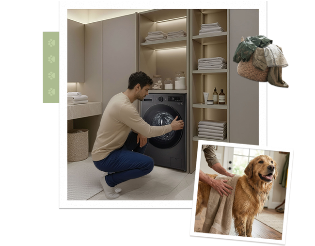 Homem colocando roupas na máquina de lavar enquanto um golden retriever fica ao lado, em um ambiente interno acolhedor.