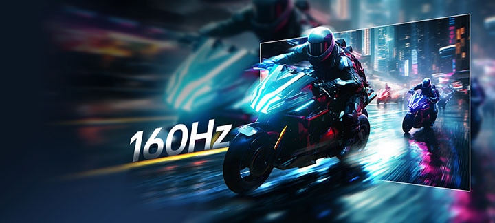 Cena de jogo de corrida com resposta extremamente rápida e taxa de atualização de 160Hz.