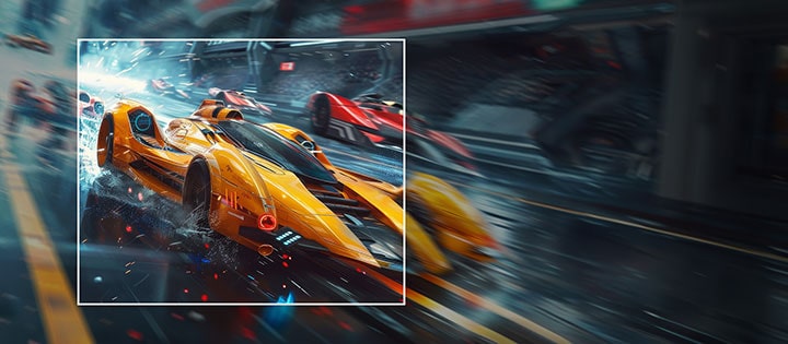 Um carro de corrida amarelo é mostrado avançando rapidamente na tela, com o interior da caixa branca claramente definido e o exterior desfocado.
