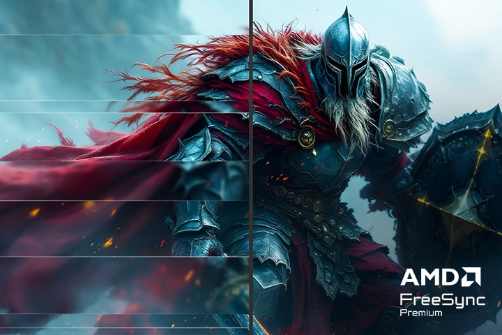 Um personagem cavaleiro usando uma capa vermelha e segurando um grande escudo e espada; a tela esquerda está dividida em duas e desfocada, enquanto a tela direita é mostrada claramente. Há um logo AMD FreeSync™ Premium no canto inferior direito.