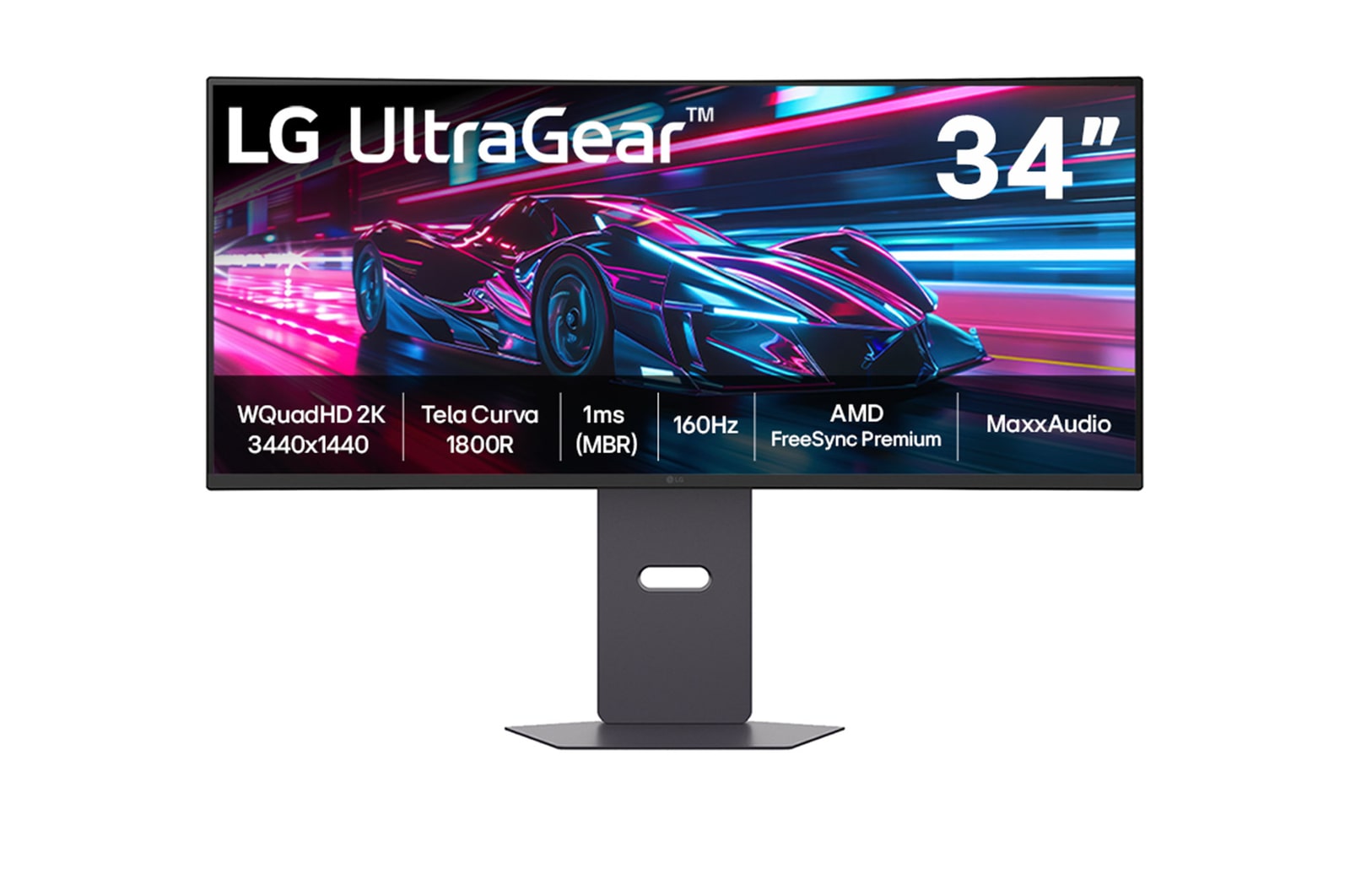 Vista frontal de Monitor Gamer LG UltraGear™ Curvo 34G600A-B 34" QuadHD 2K, UltraWide 1800R, 160Hz, 1ms (MBR), AMD FreeSync™ Premium, HDR10, MaxxAudio 34G600A-B