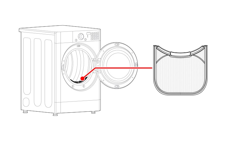 O filtro retentor de fiapos está localizado na parte inferior da abertura quando a porta do produto está aberta