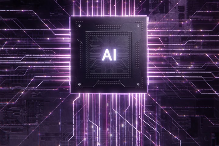 Chip LG AI Core-Tech visualizando o processamento inteligente de dados com linhas de circuito radiantes, simbolizando como os dispositivos LG AI aprendem, se adaptam e otimizam o desempenho em toda a casa.