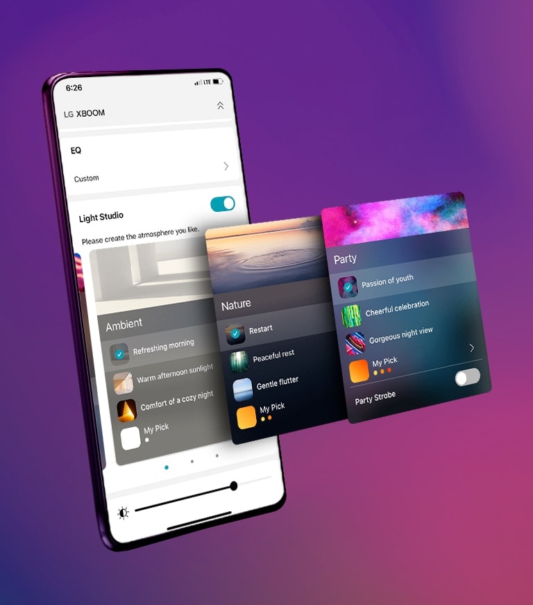 O celular está sobre fundo degradê. E ele mostra a tela de iluminação ambiente em três dimensões.