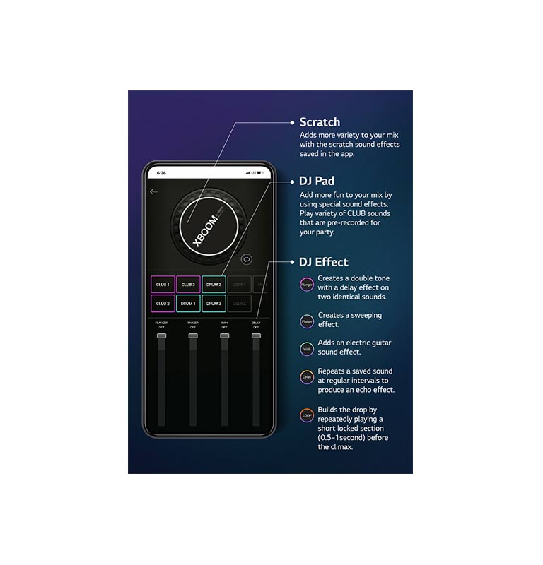 Para expressar o som que sai do produto como se fosse tocado por um DJ através do APP XBOOM, aparece a imagem do telefone com a tela do APP DJ ativada e as funções listadas ao lado.