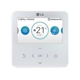 Controlador individual LG com monitor exibindo o número 21 em um círculo delineado que indica a temperatura. Abaixo estão os botões de controle.