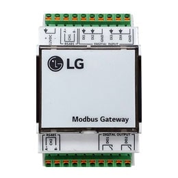 A solução de controle LG Modbus Gateway apresenta partes de circuito na parte superior e inferior da unidade, com uma parte central retangular indicando o texto 'Modbus Gateway'.