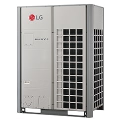 É exibida uma vista lateral de 45 graus de uma unidade externa LG Multi V 5 retangular.