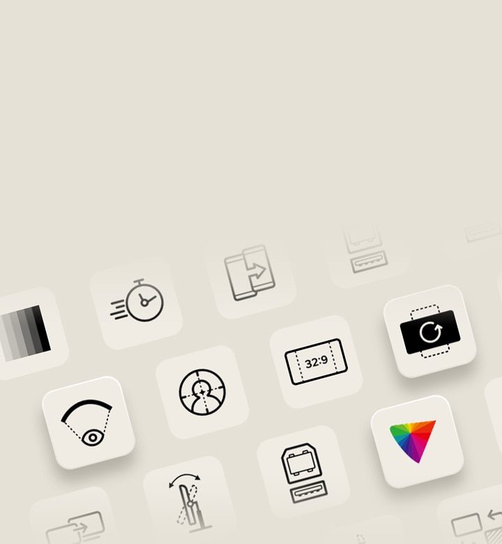 Banner da linha de monitores LG com título e ícones de recursos.