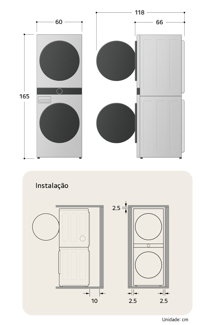 Lavadora e Secadora em Torre LG WashTower™ desenho técnico: A 165 cm, L 60 cm, P 66 cm (porta aberta 118 cm), incluindo dimensões de instalação e folga lateral de 2,5 cm.