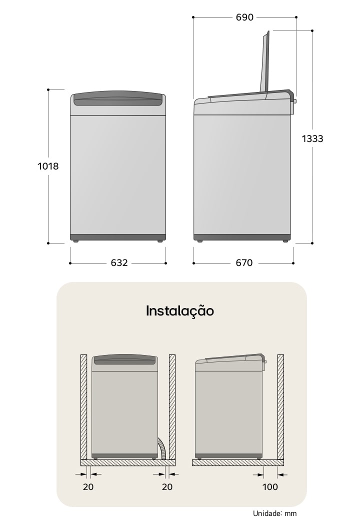 Desenho técnico da Lavadora LG: L 632 mm, A 1018 mm, P 670 mm (tampa aberta 1333 mm), incl. folgas de instalação.