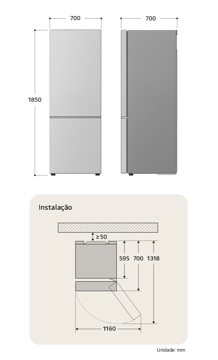 Refrigerador Bottom Freezer desenho técnico: A 1850, L 700, P 700 mm, incluindo dimensões de instalação e $\ge$50 mm de folga na parede.