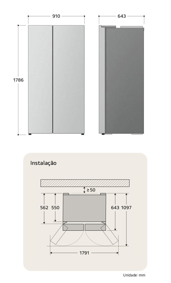 Refrigerador Side-by-Side desenho técnico: A 1786, L 910, P 643 mm, incluindo dimensões de instalação e $\ge$50 mm de folga na parede.