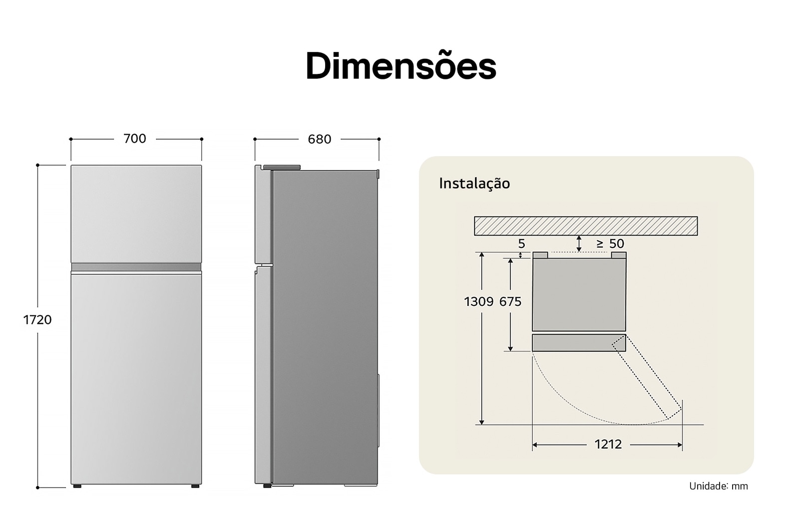 Refrigerador Top-Freezer desenho técnico: A 1720, L 700, P 680 mm, incluindo dimensões de instalação e $\ge$50 mm de folga na parede.