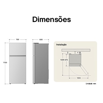 Refrigerador Top-Freezer desenho técnico: A 1720, L 700, P 680 mm, incluindo dimensões de instalação e $\ge$50 mm de folga na parede.
