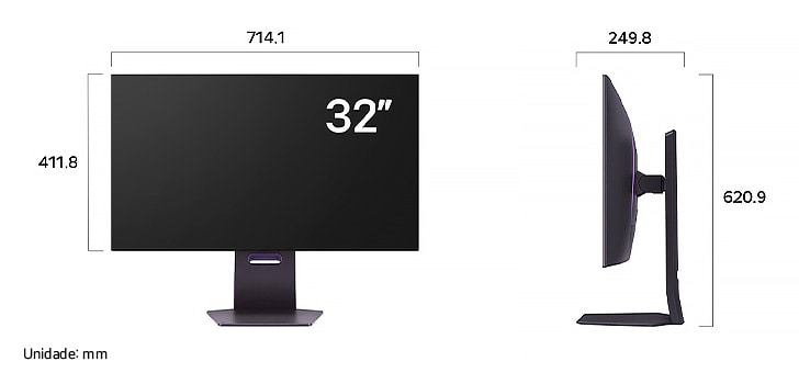 Monitor Gamer LG UltraGear desenho técnico: dimensões do display 32 polegadas (L 714,1 mm, A 411,8 mm) e altura ajustável (510,9 mm a 620,9 mm).