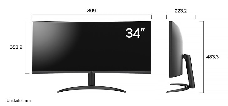 Monitor LG 34WR50QC-B em acabamento preto exibindo dimensões em perfil frontal e lateral, medindo 809 mm de largura, 358.9 mm de altura do display, 483.3 mm de altura total e 223.2 mm de profundidade.