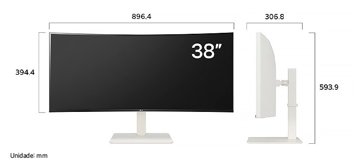 Monitor Curvo UltraWide LG desenho técnico: dimensões do display 38 polegadas (L 896,4 mm, A 394,4 mm) e altura total 593,9 mm.