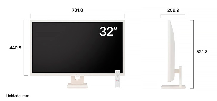 Monitor Inteligente LG 32SR50F em acabamento branco exibindo dimensões, medindo 731,8 mm de largura, 440,5 mm de altura do display, 521,2 mm de altura total e 209,9 mm de profundidade.
