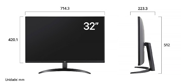 Monitor LG 32UR500-B exibindo dimensões, medindo 714,3 mm de largura, 420,1 mm de altura do display, 512 mm de altura total e 223,3 mm de profundidade.