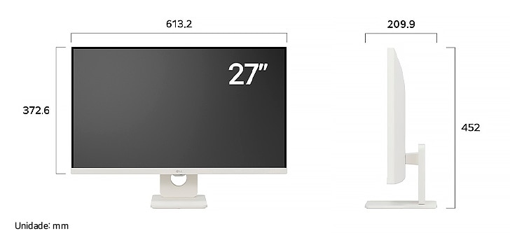Monitor Inteligente LG 27SR73U-W desenho técnico: dimensões do display 27 polegadas (L 613,2 mm, A 372,6 mm) e altura total 452 mm (medidas em milímetros).