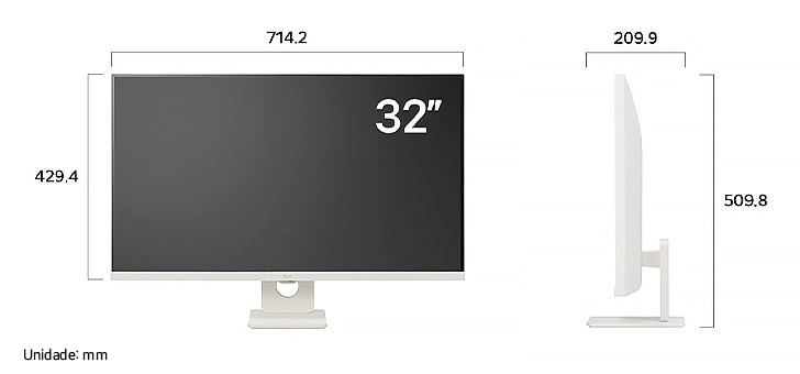 Monitor Inteligente LG 32SR73U-W desenho técnico: dimensões do display 32 polegadas (L 714,2 mm, A 429,4 mm) e altura total 509,8 mm (medidas em milímetros).