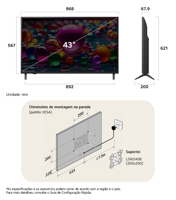 Visão de dimensões do LG UHD AI 4K UA75 43-inch, 968×621×200 mm, panel 67.9 mm, VESA 200x200.