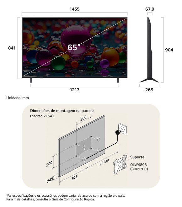 Visão de dimensões do LG UHD AI 4K UA75 65-inch, 1455×904×269 mm, panel 67.9 mm, VESA 300x200.