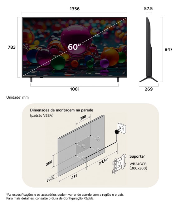 Visão de dimensões do LG UHD AI 4K UA85 60-inch, 1455×904×269 mm, panel 67.9 mm, VESA 300x200.
