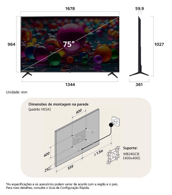 Visão de dimensões do LG UHD AI 4K UA85 75-inch, 1678×1027×361 mm, panel 59.9 mm, VESA 400x400.