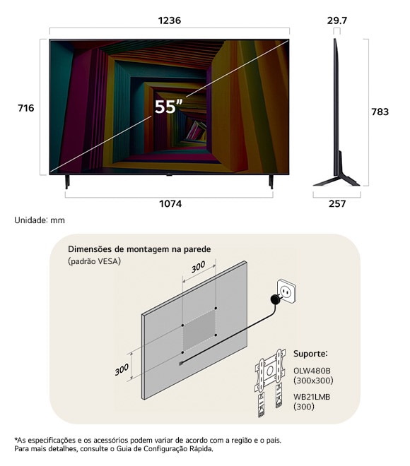 Visão de dimensões do LG UHD AI 4K UT90 55-inch, 1236×783×257 mm, panel 29.7 mm, VESA 300x300.