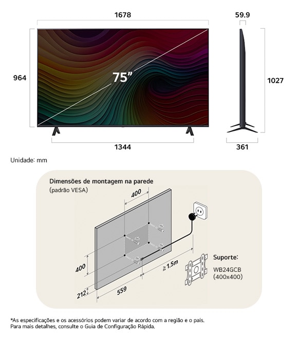 Visão de dimensões do LG NanoCell AI NANO80 4K Smart TV 75-inch, 1678×1027×361 mm, panel 59.9 mm, VESA 400x400.