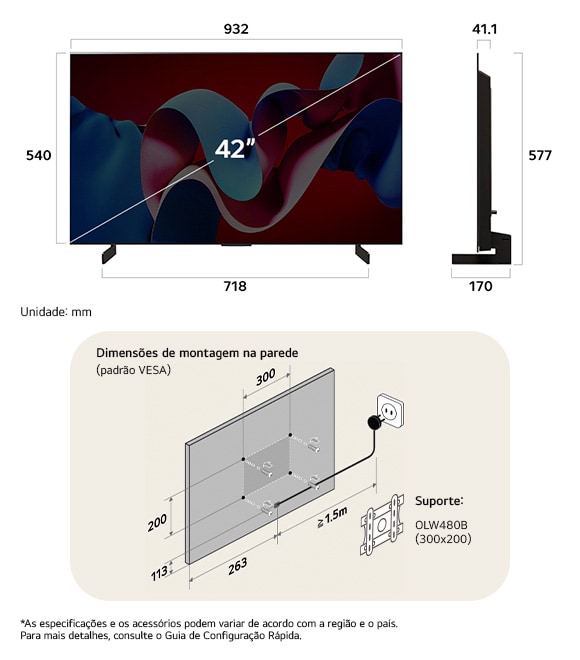 Visão de dimensões do LG OLED evo AI C4 4K 42-inch, 932×577×170 mm, panel 41.1 mm, VESA 300x200.