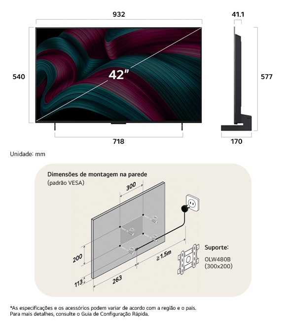 Visão de dimensões do LG OLED evo AI C5 4K 42-inch, 932×577×170 mm, panel 41.1 mm, VESA 300x200.