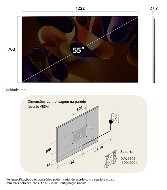 Visão de dimensões do LG OLED evo AI G4 4K 55-inch, 1222×787×263 mm, panel 27.2 mm, VESA 300x200, lowest position 742 mm.