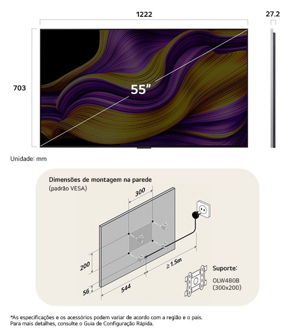 Visão de dimensões do LG OLED evo AI G5 4K 55-inch, 1222×787×263 mm, panel 27.2 mm, VESA 300x200, lowest position 742 mm.