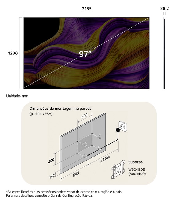 Visão de dimensões do LG OLED evo AI G5 4K 97-inch, panel 28.2 mm, VESA 600x400.