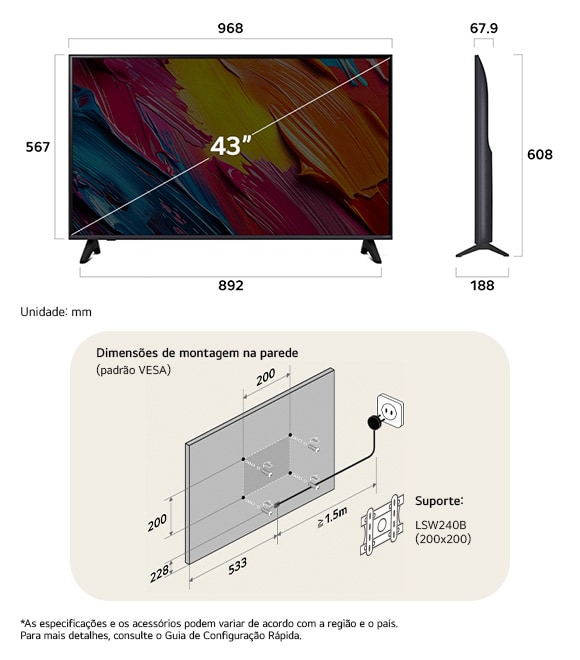 Visão de dimensões do LG QNED MiniLED AI QNED70 4K 43-inch, 968×608×188 mm, panel 67.9 mm, VESA 200x200.